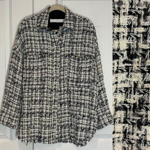 IRO Niso White Black Silver Tweed Snap Front Oversized Shirt Jacket Blazer 34/2